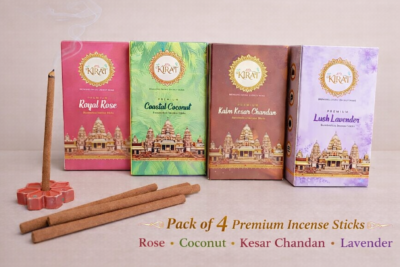 KIRAT bambooless incense sticks pack of 4 with rose coconut kesar chandan and lavender fragrances