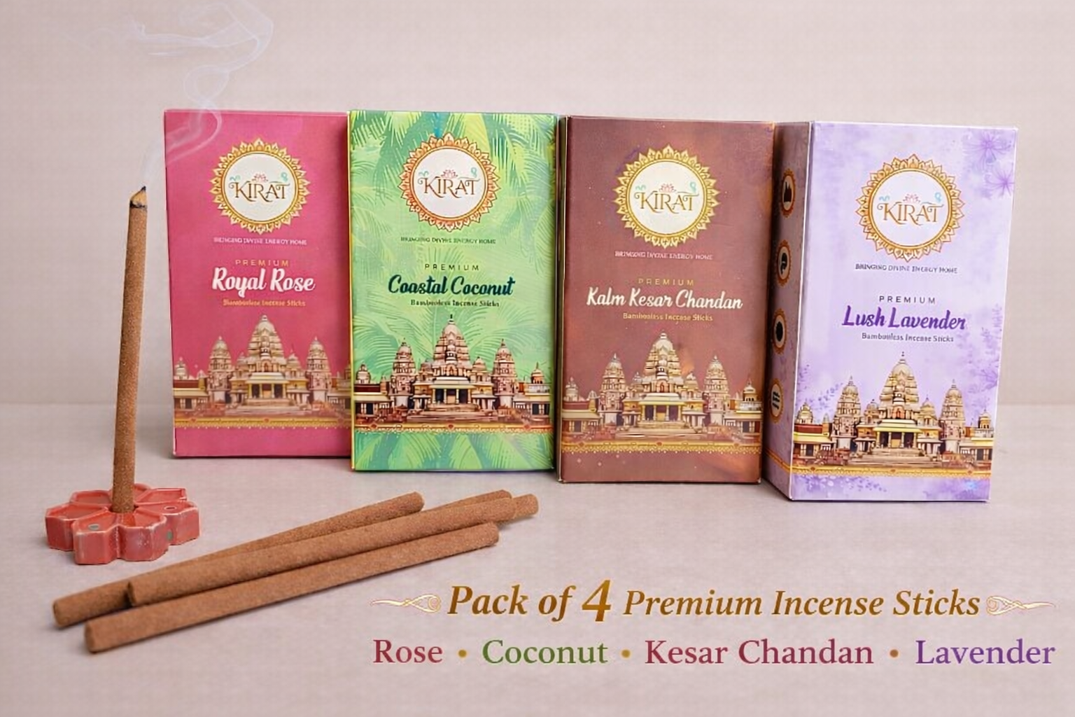kirat-pack-of-4-bambooless-incense-sticks-rose-coconut-kesar-chandan-lavender KIRAT bambooless incense sticks pack of 4 with rose coconut kesar chandan and lavender fragrances